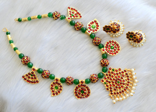 Gold tone Kemp-green agates rudhra balls beaded necklace set dj-22036