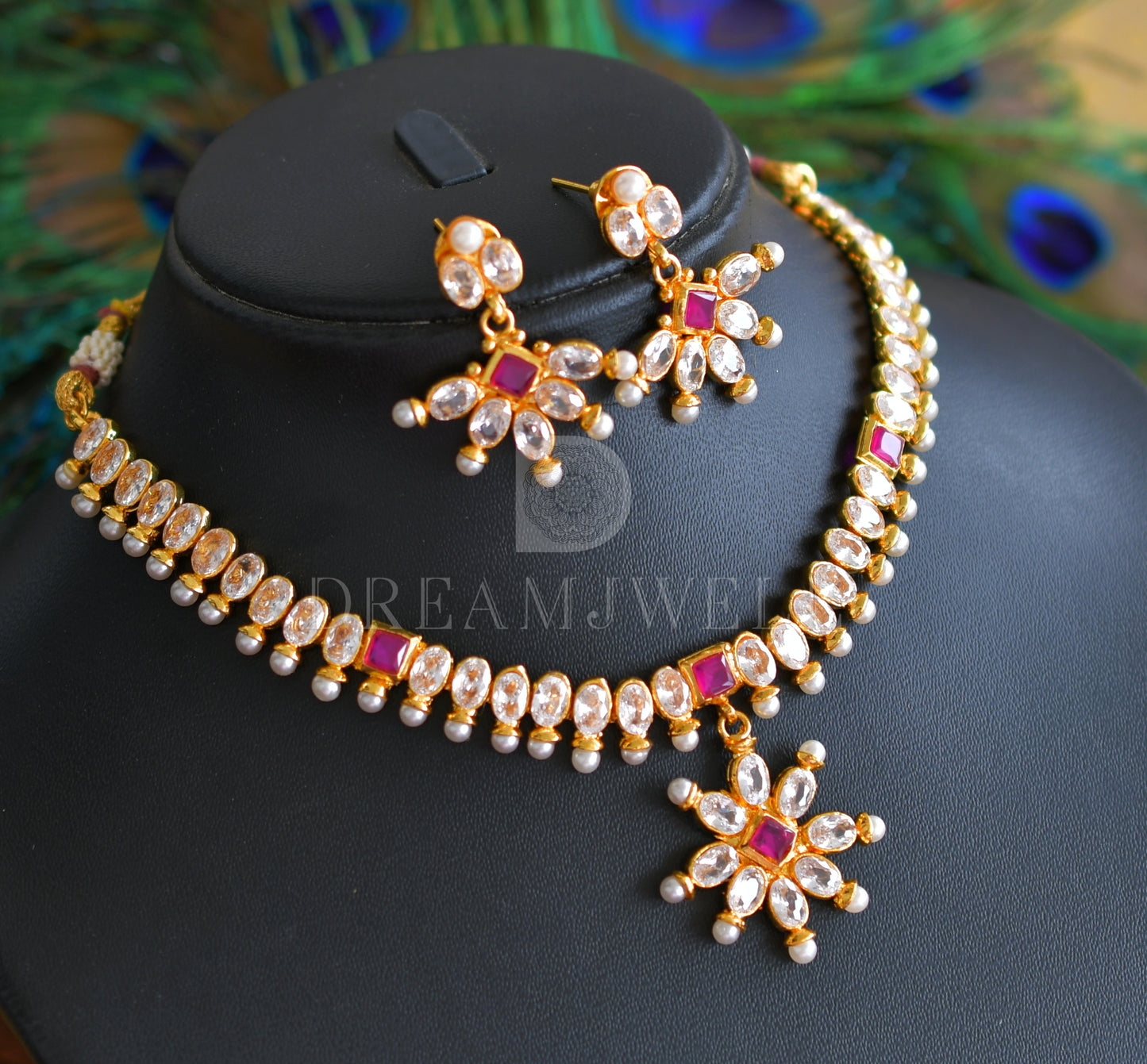 Gold Tone Polki Ruby Necklace Set dj-12638