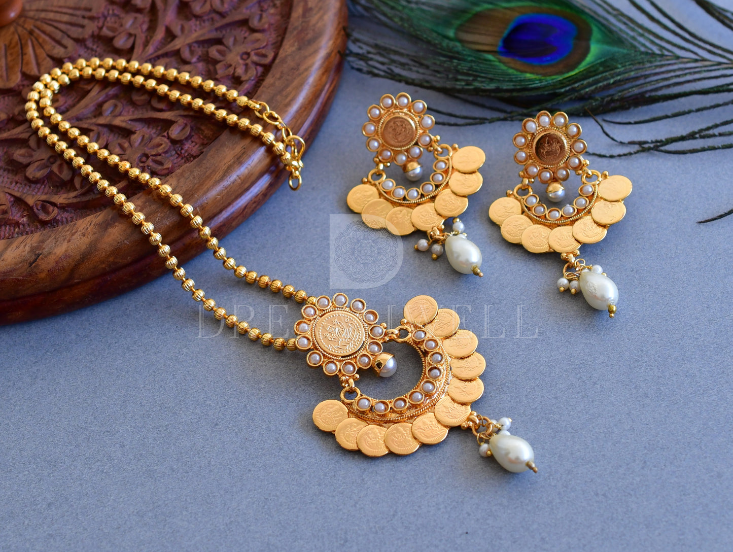 Antique pearl stone Lakshmi coin designer necklace set dj-35146