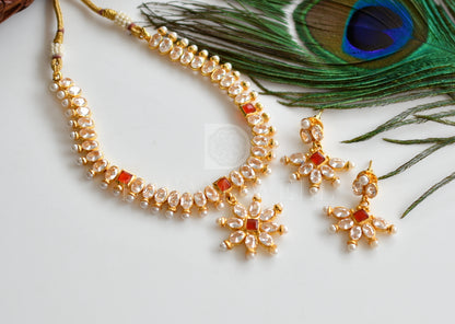 Gold Tone Polki-red Necklace Set dj-12634