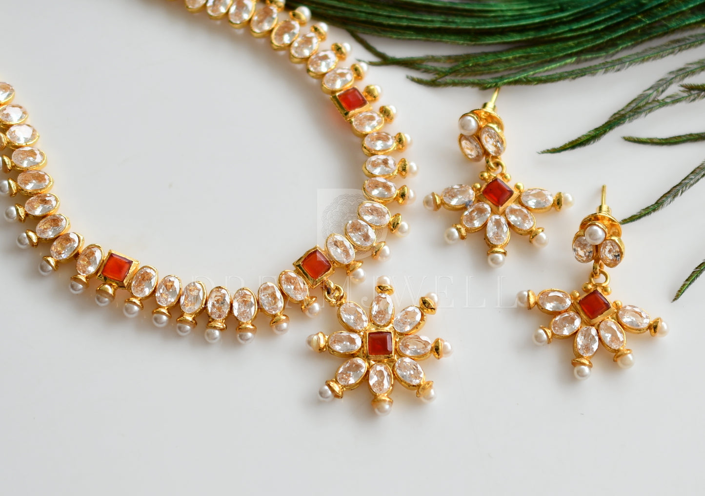 Gold Tone Polki-red Necklace Set dj-12634