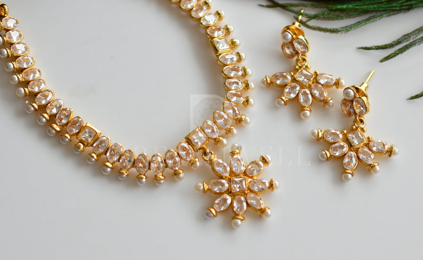 Gold Tone Polki White Necklace Set dj-12633