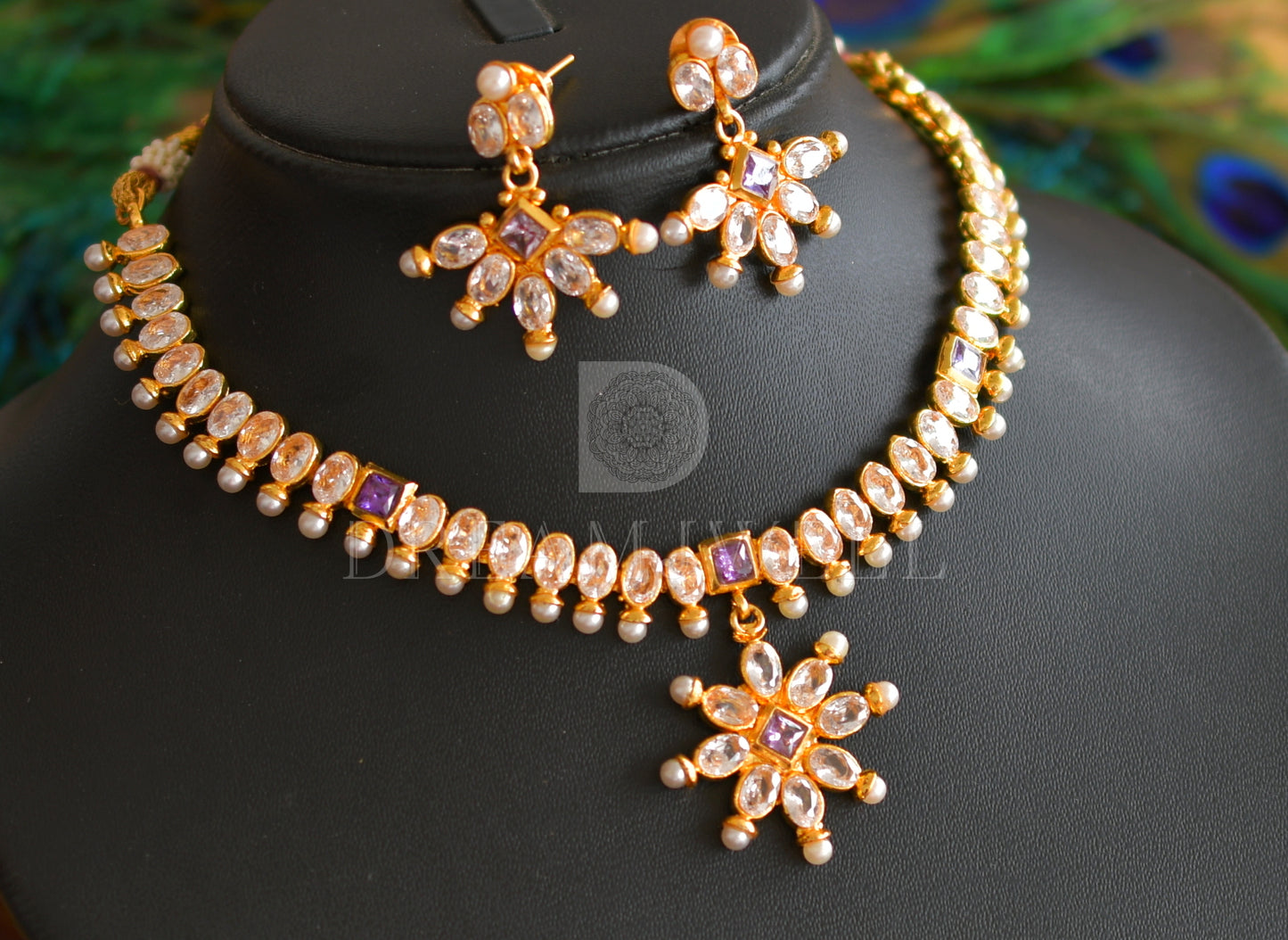 Gold Tone Polki-purple Necklace Set dj-12635