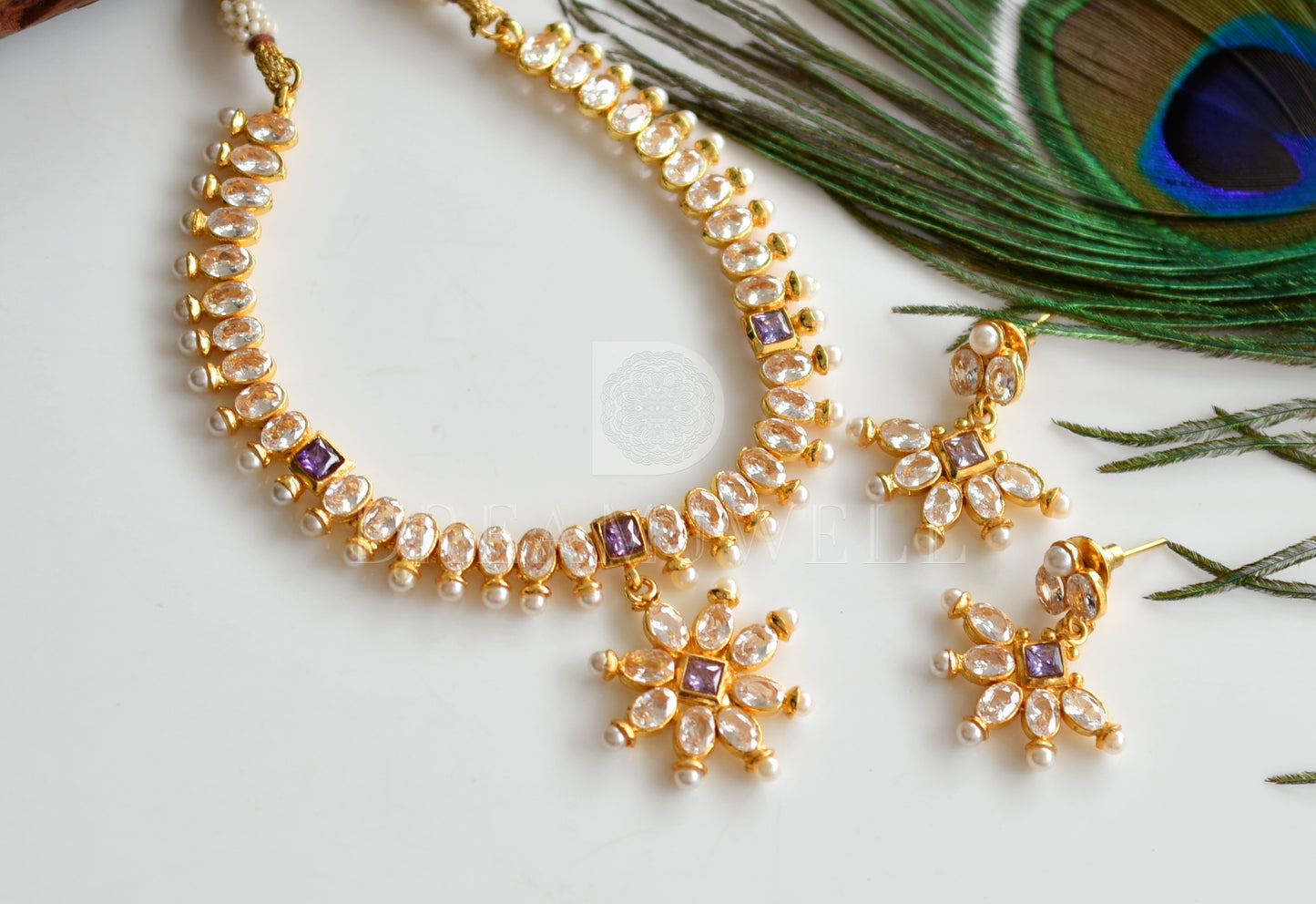 Gold Tone Polki-purple Necklace Set dj-12635