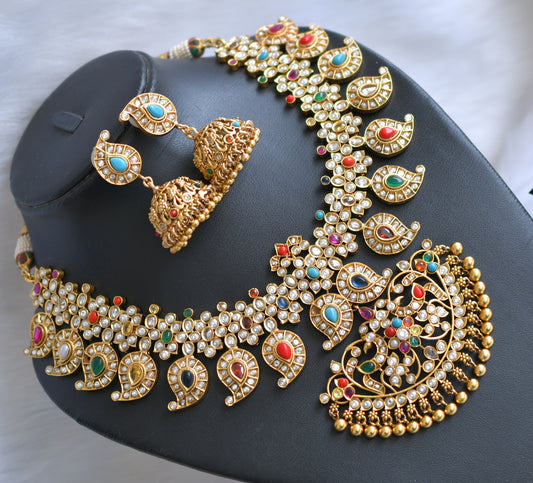 Matte finish Navarathna stone mango necklace set dj-39783