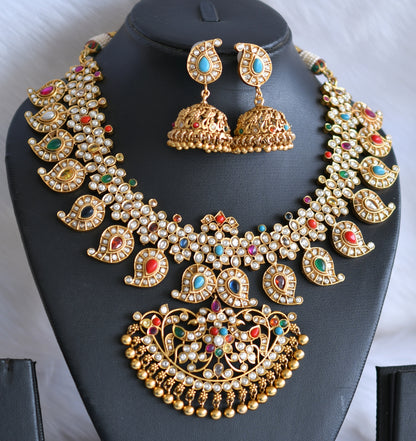 Matte finish Navarathna stone mango necklace set dj-39783