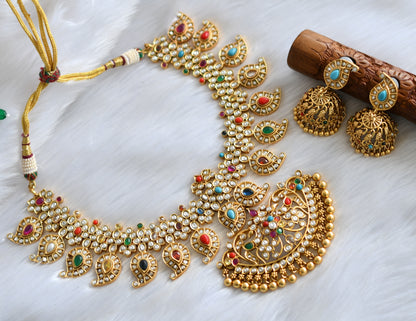 Matte finish Navarathna stone mango necklace set dj-39783