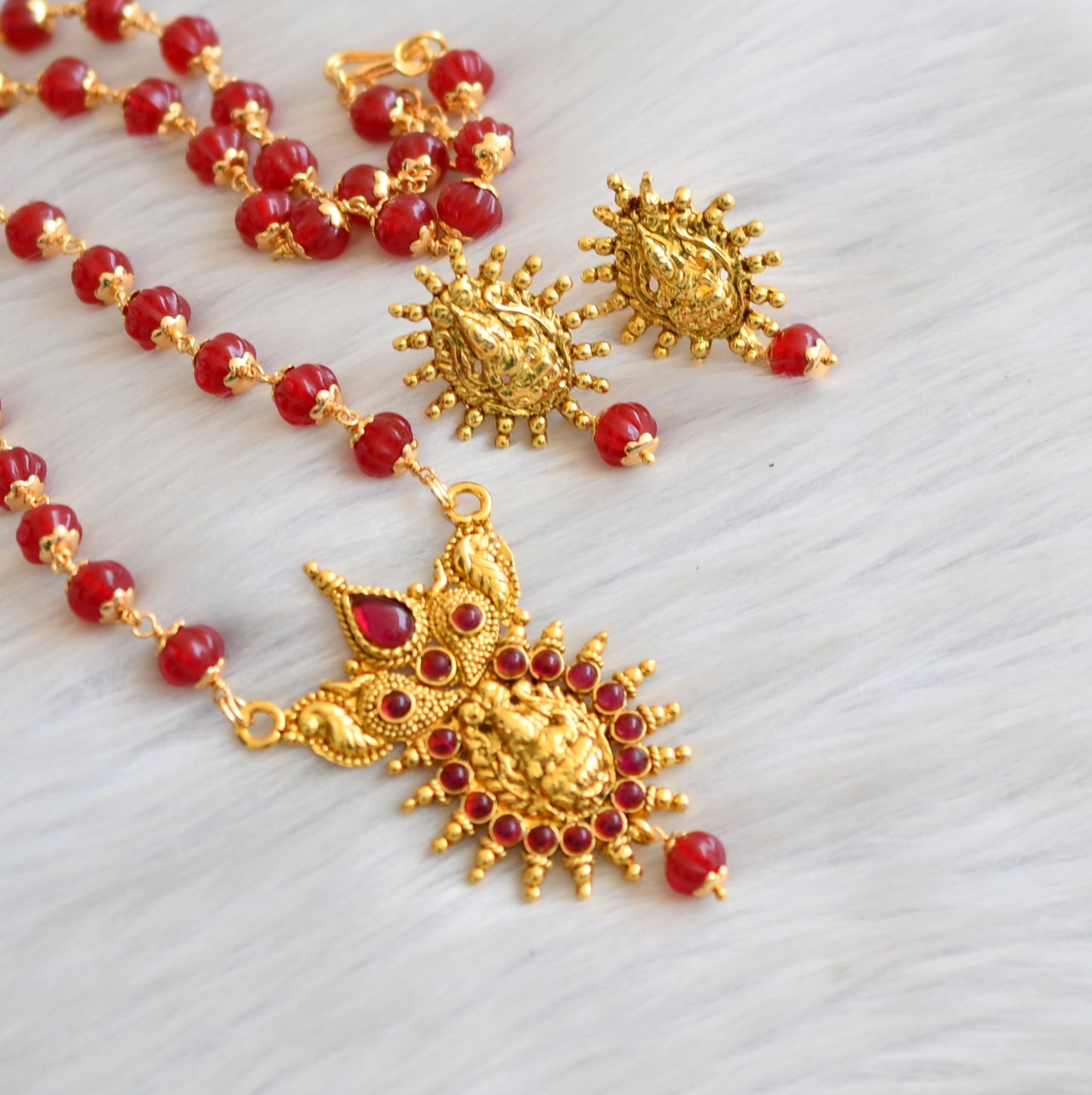 Antique gold tone red kumpkin beads chain kemp stone Lakshmi necklace set dj-41909