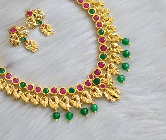 Gold tone ruby-green agates peacock necklace set dj-41916