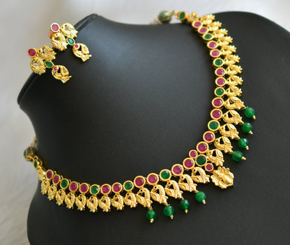 Gold tone ruby-green agates peacock necklace set dj-41916