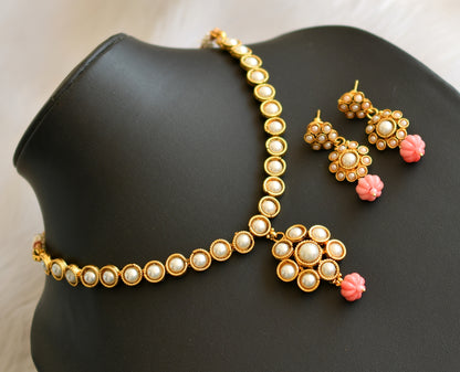 Antique gold tone pearl stone baby pink pumpkin beads necklace set dj-41912