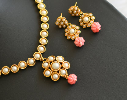 Antique gold tone pearl stone baby pink pumpkin beads necklace set dj-41912