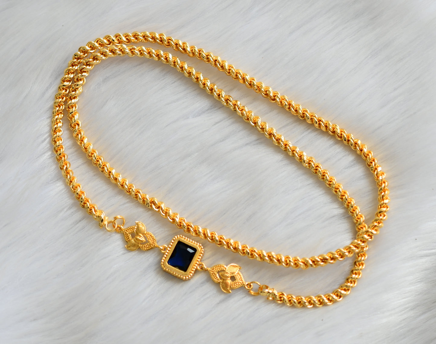 Gold tone blue block stone mugappu chain dj-40541