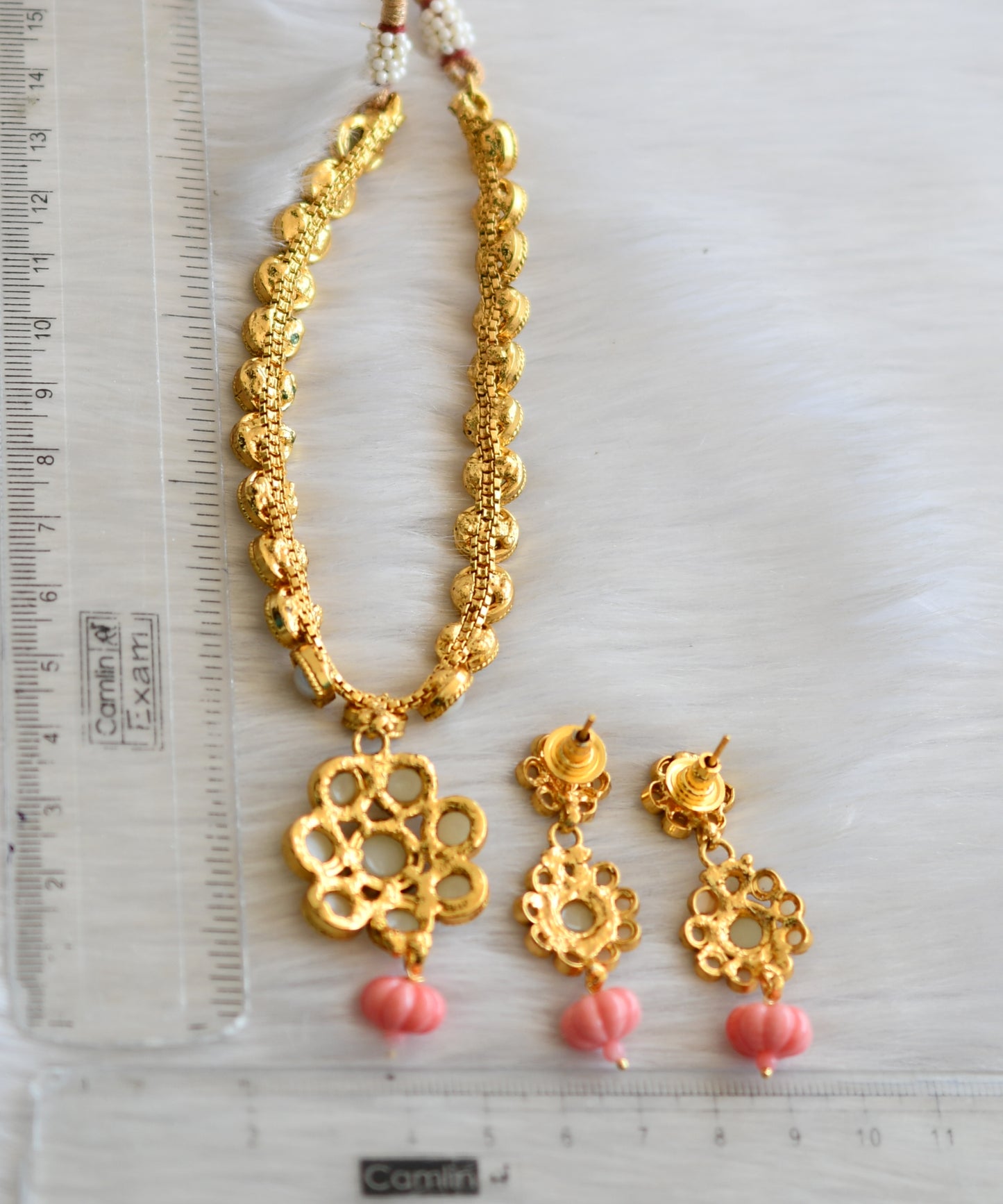 Antique gold tone pearl stone baby pink pumpkin beads necklace set dj-41912