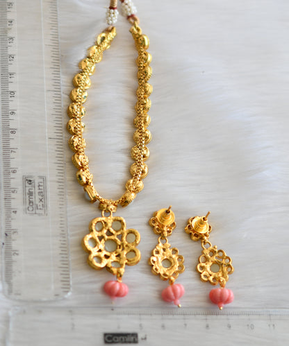 Antique gold tone pearl stone baby pink pumpkin beads necklace set dj-41912