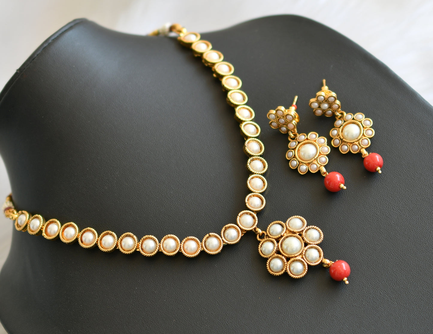 Antique gold tone pearl stone coral beads necklace set dj-41911