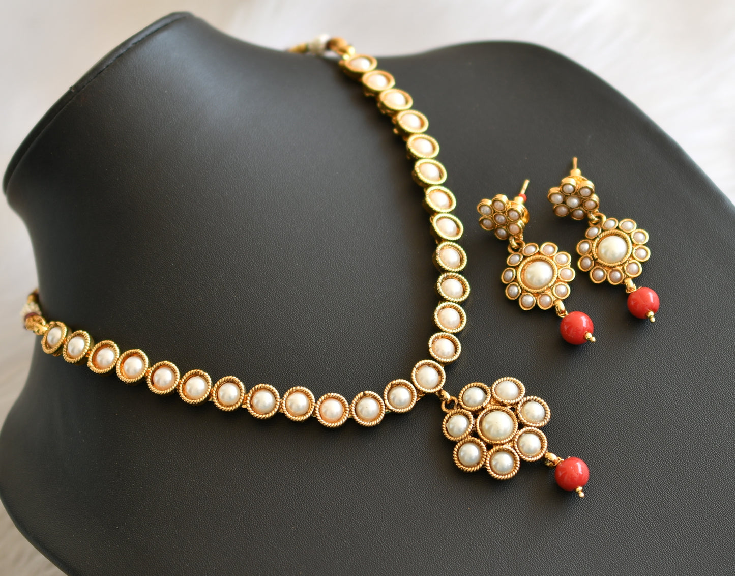 Antique gold tone pearl stone coral beads necklace set dj-41911