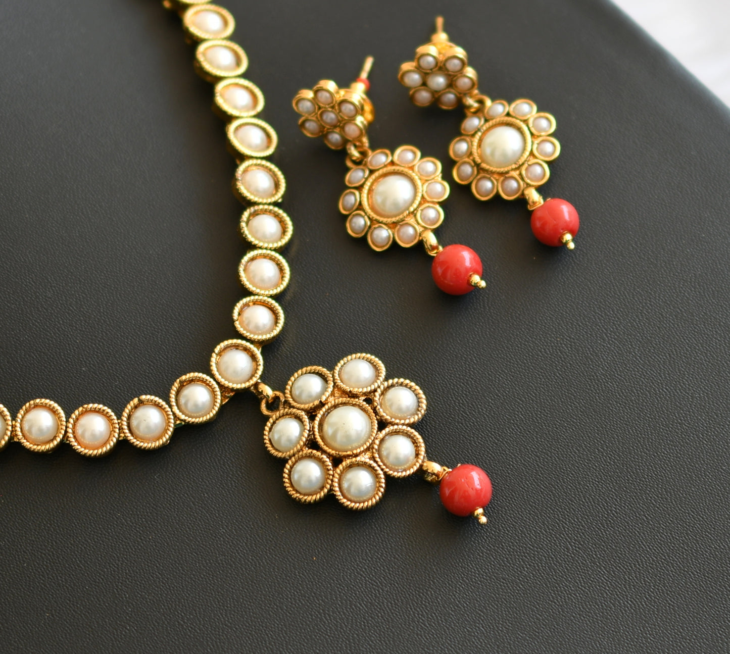 Antique gold tone pearl stone coral beads necklace set dj-41911