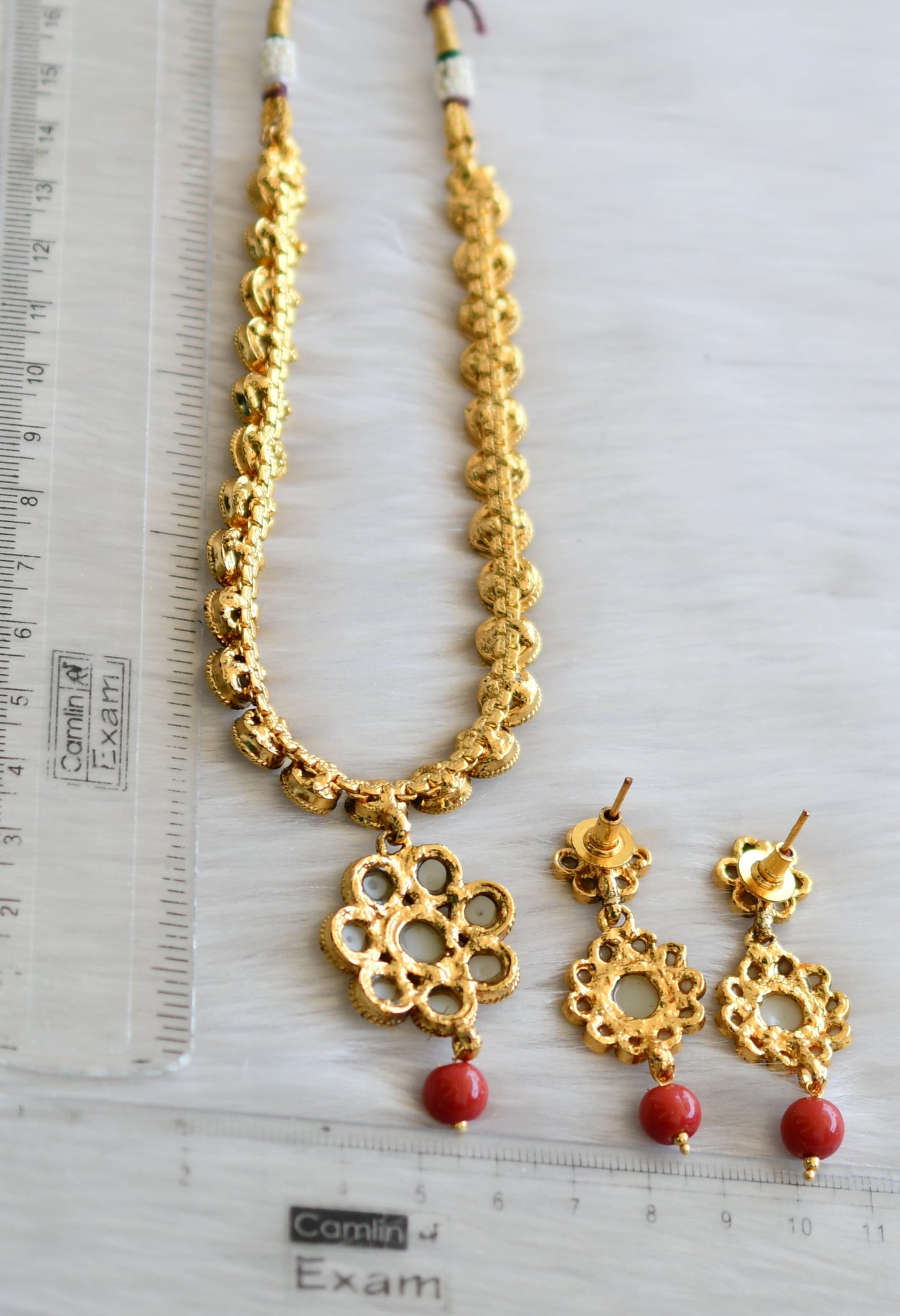 Antique gold tone pearl stone coral beads necklace set dj-41911