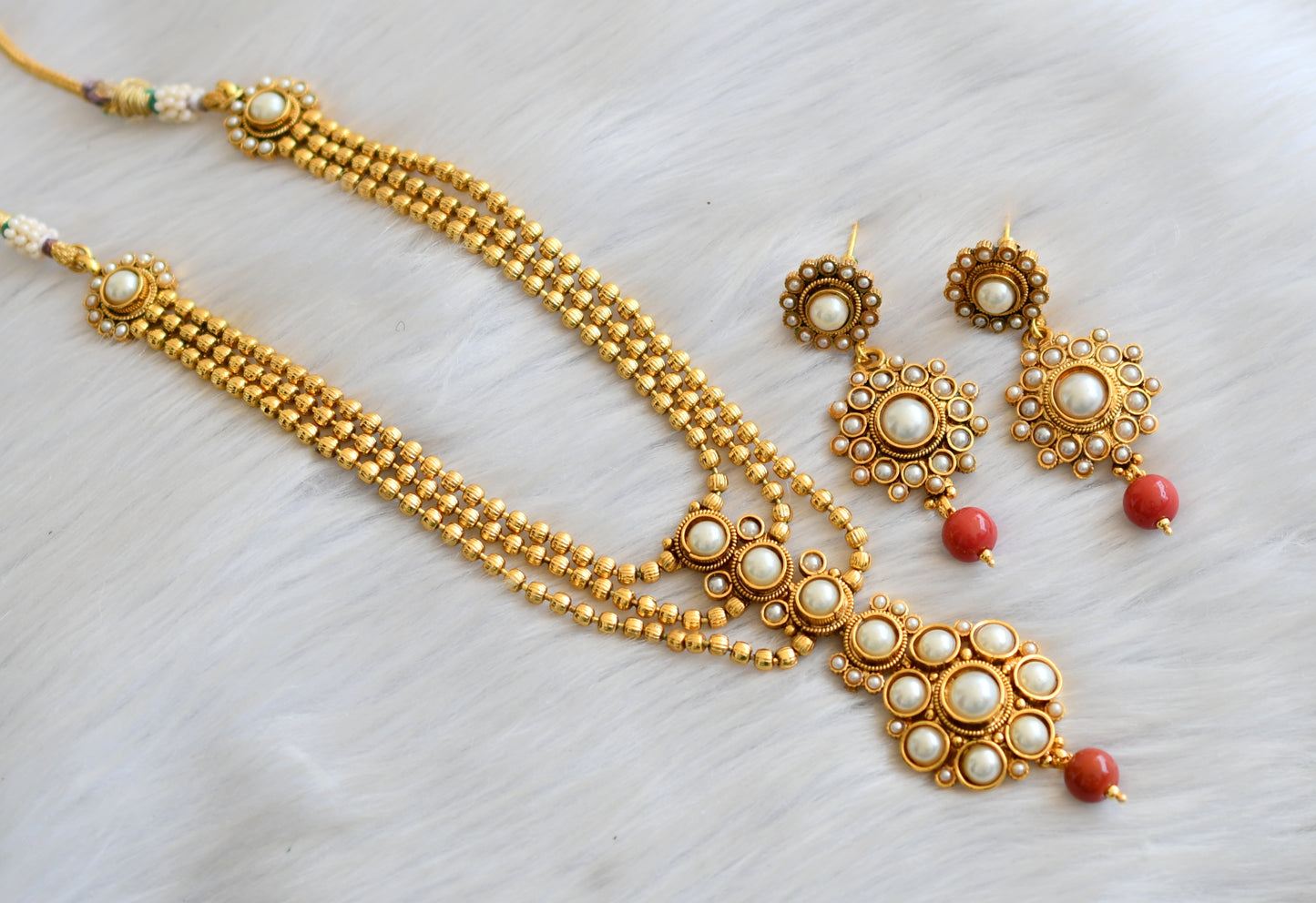 Antique gold tone pearl stone coral beads multi layer necklace set dj-41913