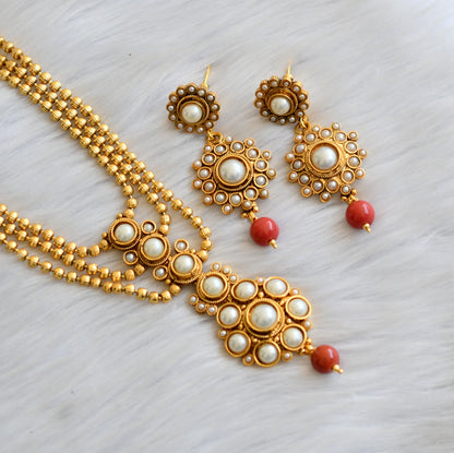 Antique gold tone pearl stone coral beads multi layer necklace set dj-41913