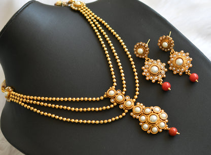 Antique gold tone pearl stone coral beads multi layer necklace set dj-41913