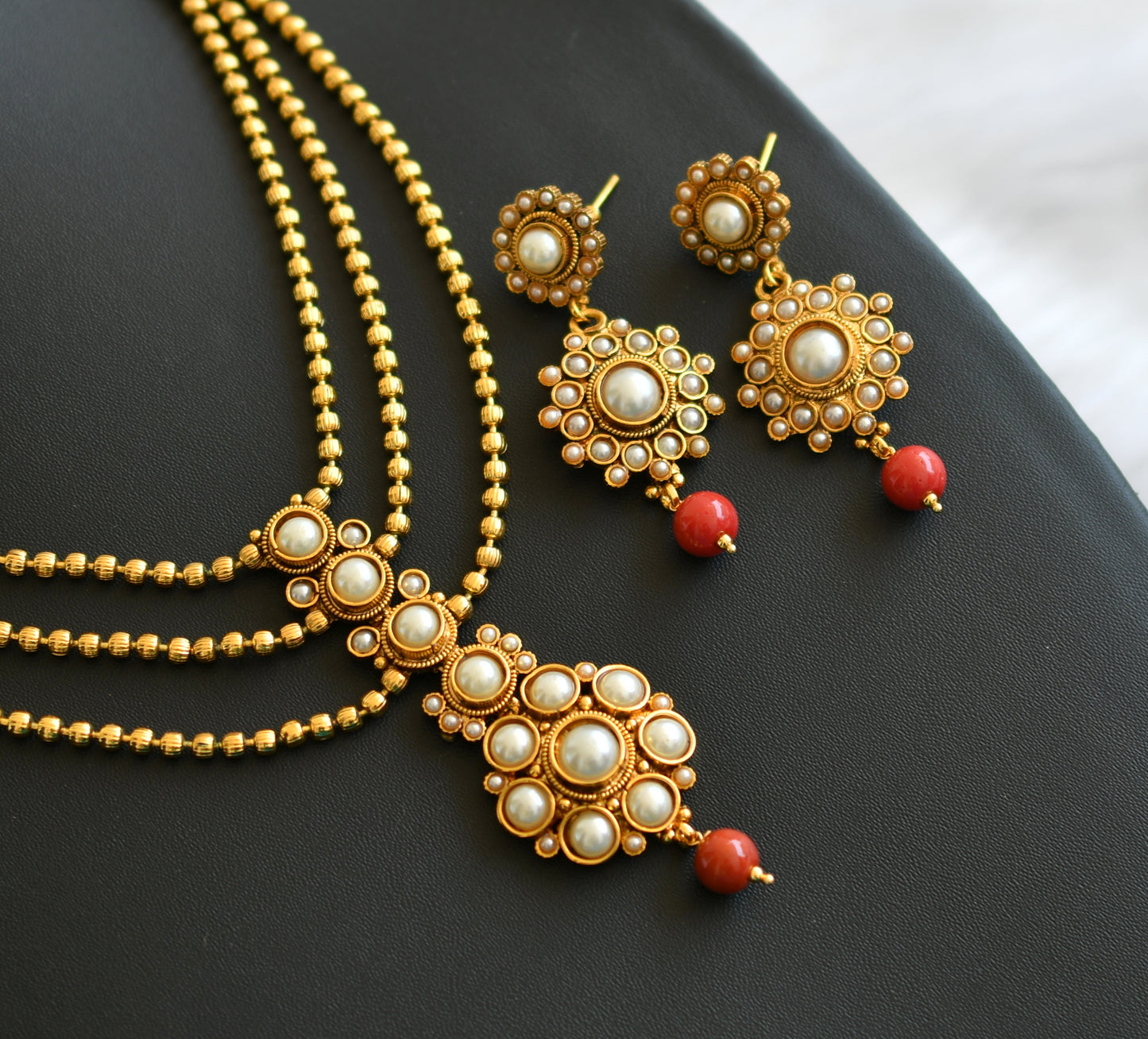 Antique gold tone pearl stone coral beads multi layer necklace set dj-41913