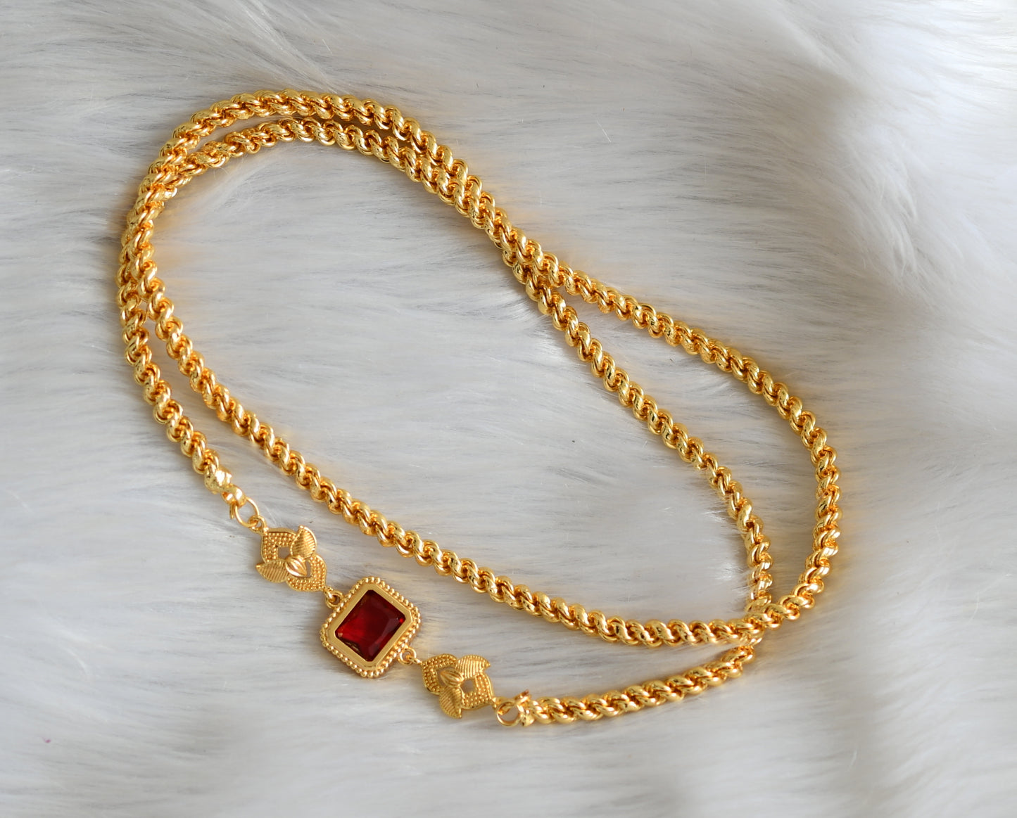 Gold tone red block stone mugappu chain dj-40544