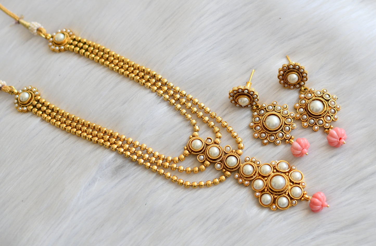 Antique gold tone pearl stone baby pink pumpkin beads multi layer necklace set dj-41914