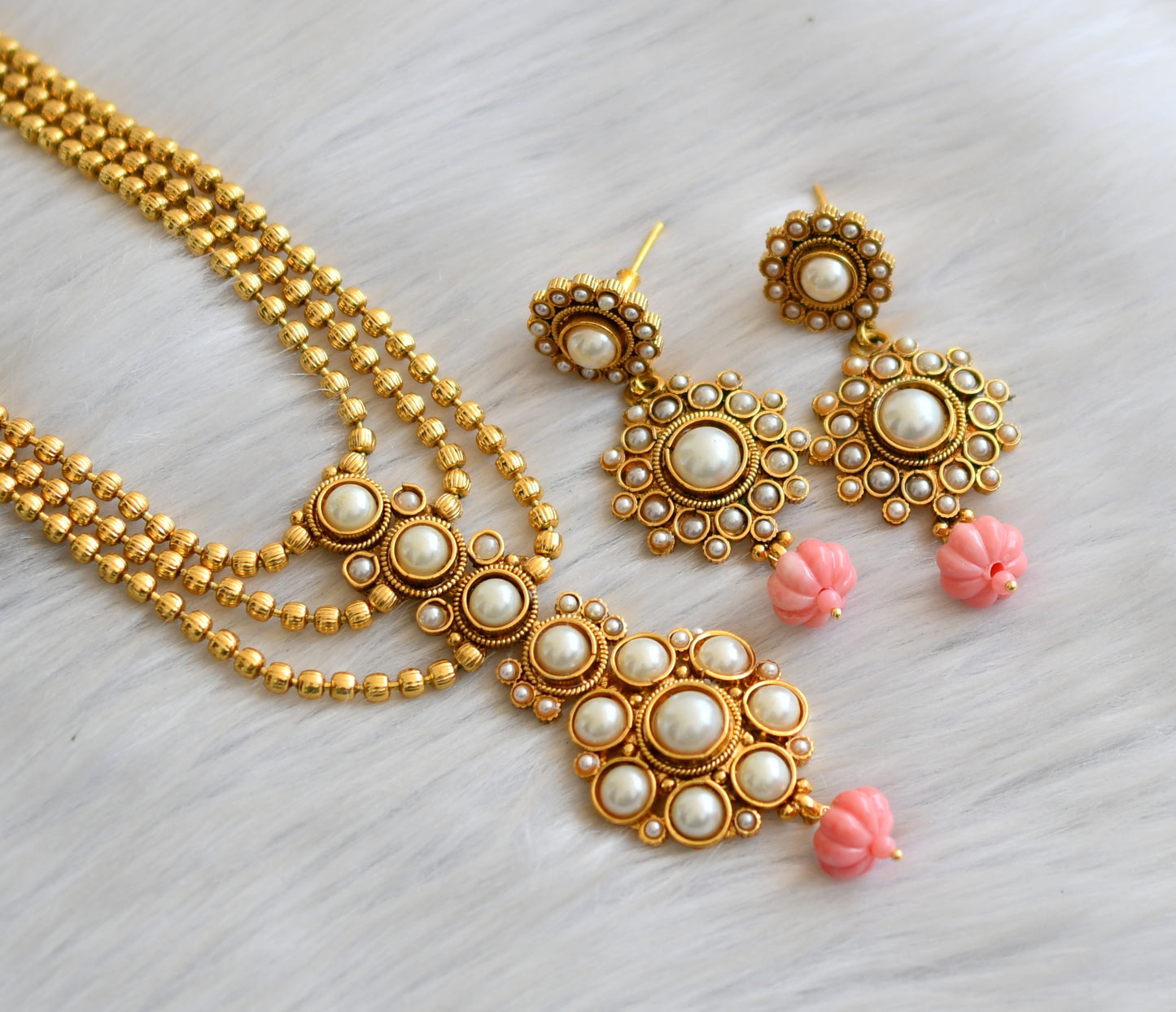 Antique gold tone pearl stone baby pink pumpkin beads multi layer necklace set dj-41914