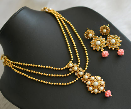 Antique gold tone pearl stone baby pink pumpkin beads multi layer necklace set dj-41914