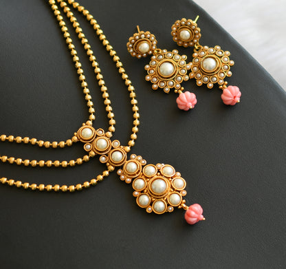 Antique gold tone pearl stone baby pink pumpkin beads multi layer necklace set dj-41914