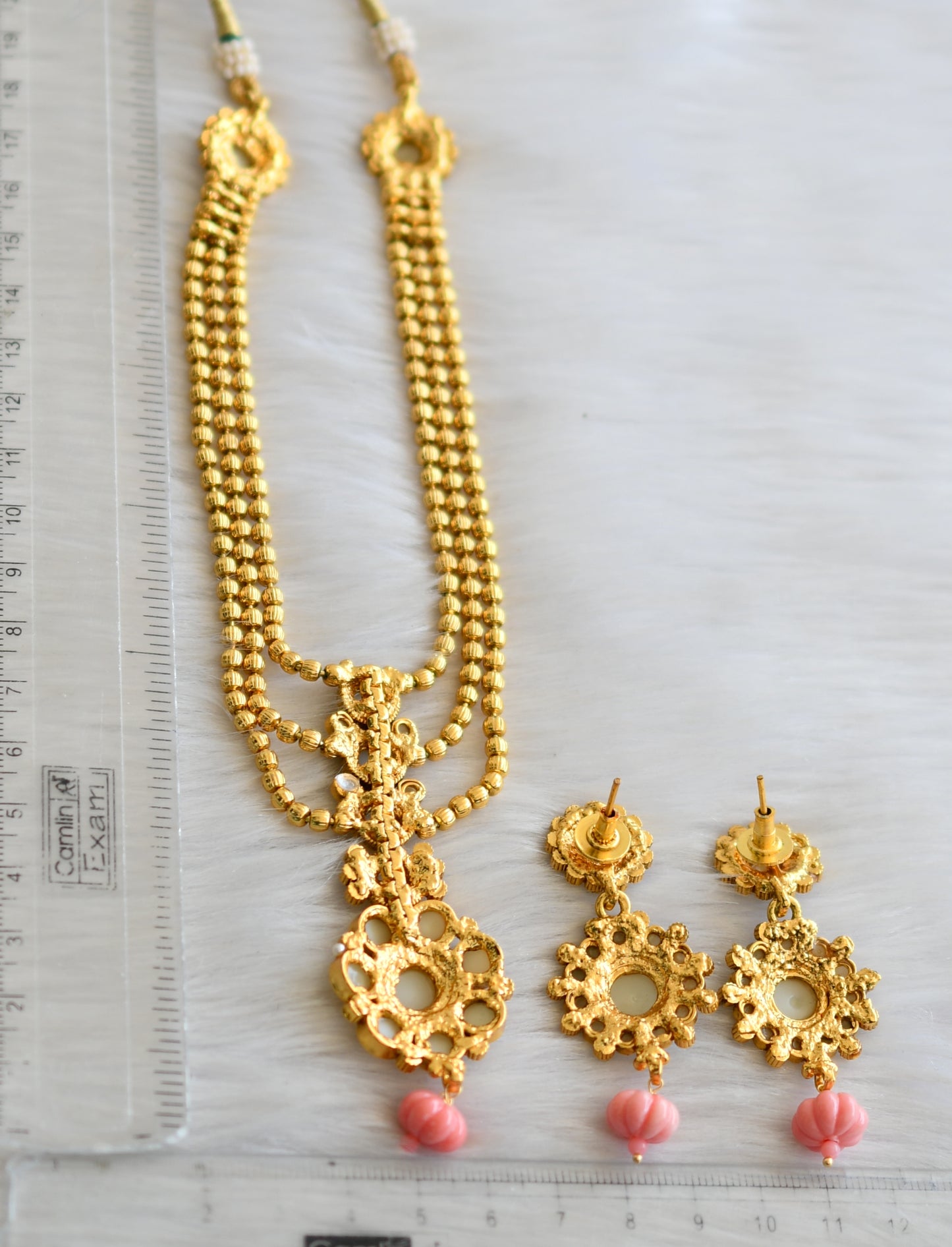 Antique gold tone pearl stone baby pink pumpkin beads multi layer necklace set dj-41914