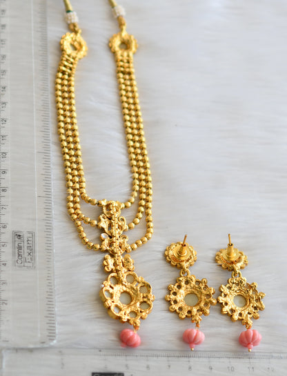 Antique gold tone pearl stone baby pink pumpkin beads multi layer necklace set dj-41914