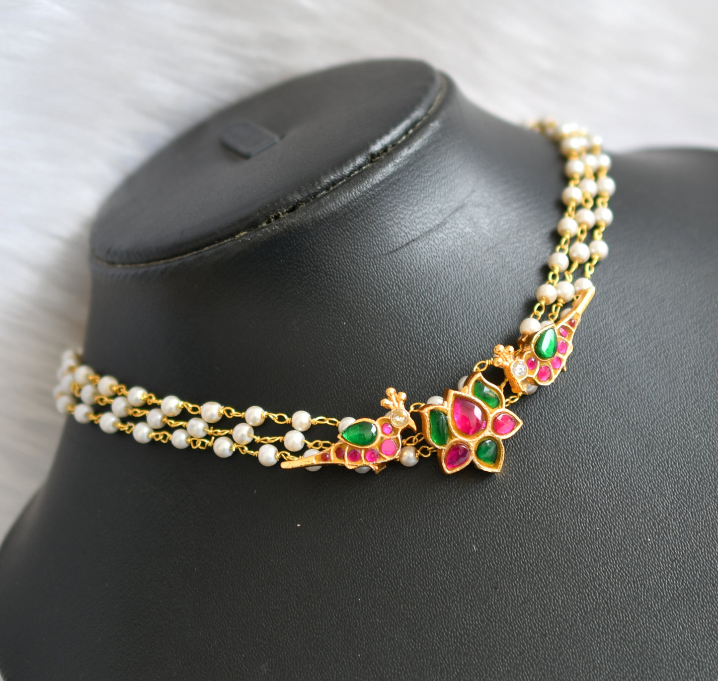 Gold tone pink-green kundan jadau Lotus pearl choker necklace dj-39772