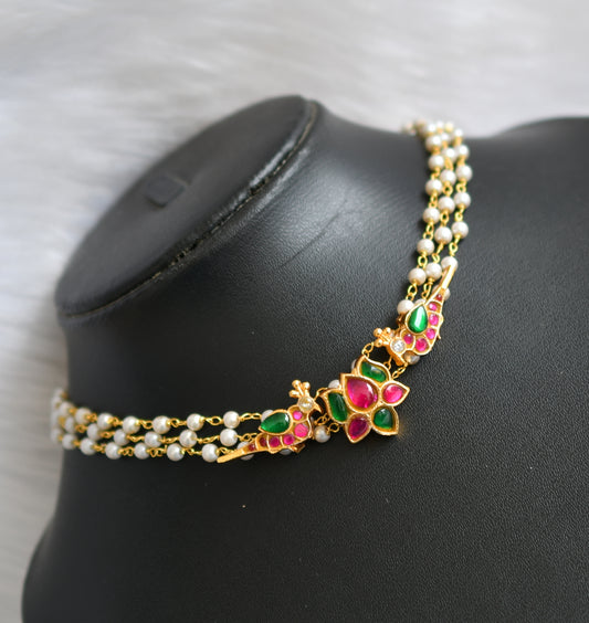 Gold tone pink-green kundan jadau Lotus pearl choker necklace dj-39772