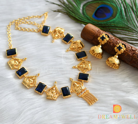 Gold tone blue block stone Lakshmi Kerala style necklace set dj-37563