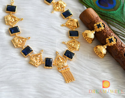 Gold tone blue block stone Lakshmi Kerala style necklace set dj-37563