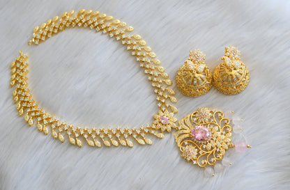 Gold tone cz white-baby pink stone and agates beads necklace set dj-41917