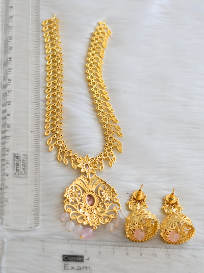 Gold tone cz white-baby pink stone and agates beads necklace set dj-41917