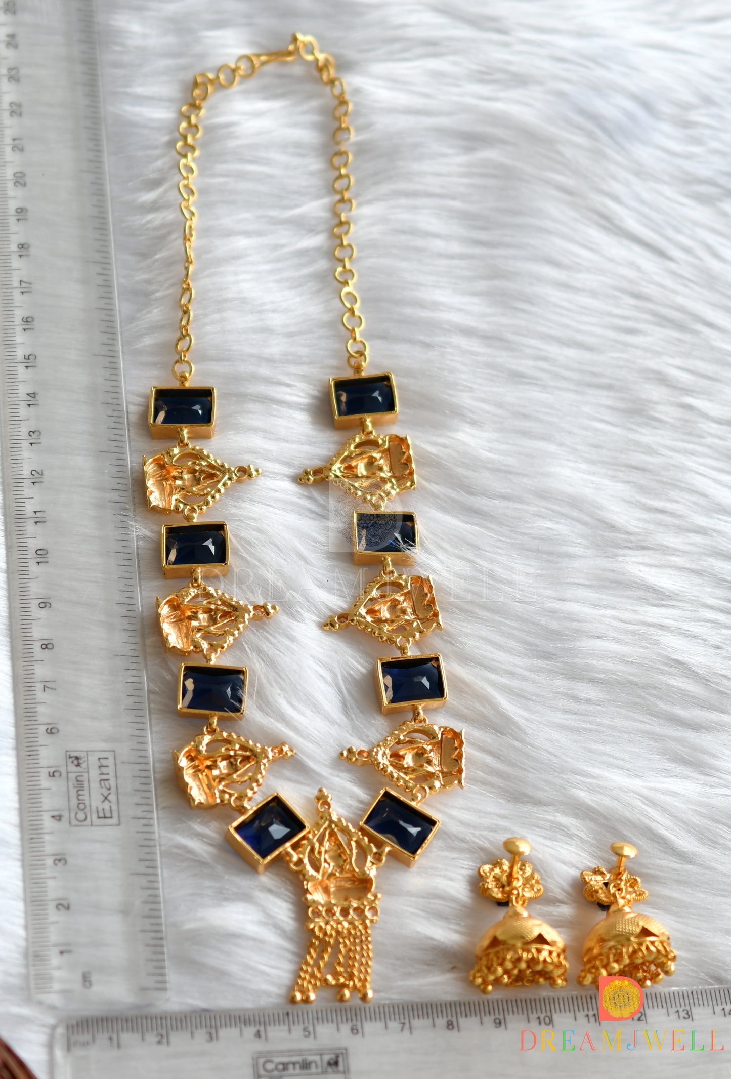 Gold tone blue block stone Lakshmi Kerala style necklace set dj-37563