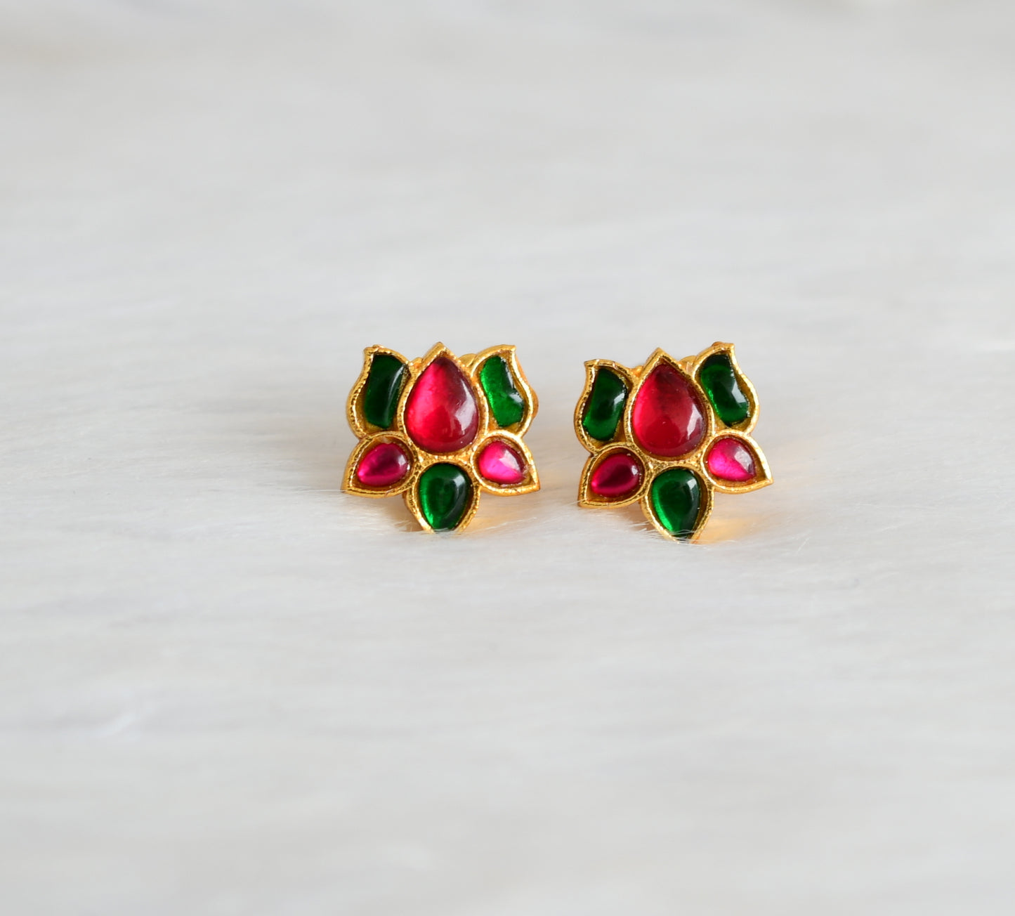 Gold tone pink-green kundan jadau Lotus earrings dj-39214