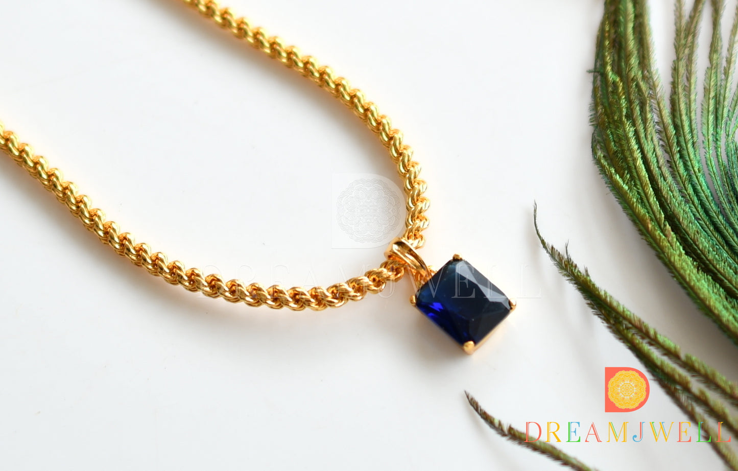 Gold tone Blue block stone pendant with chain dj-36754