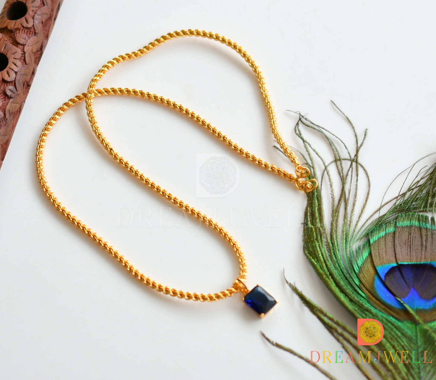 Gold tone Blue block stone pendant with chain dj-36754