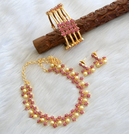 Gold tone cz ruby stone nakshatra pearl necklace set with bangles dj-41918