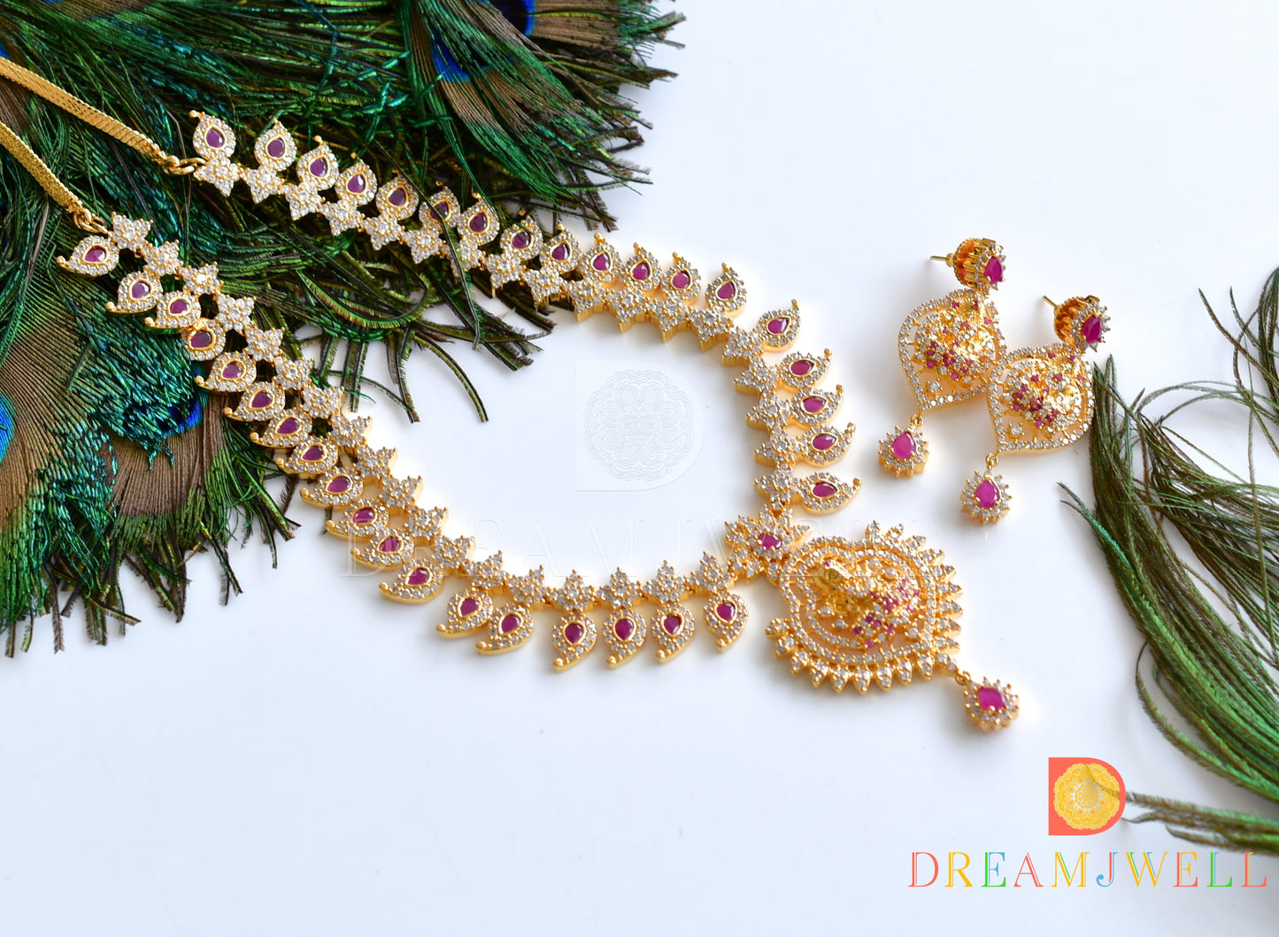 Gold tone cz-ruby mango lakshmi necklace set dj-10447