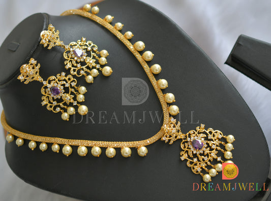 Gold tone cz purple pearl necklace set dj-01671