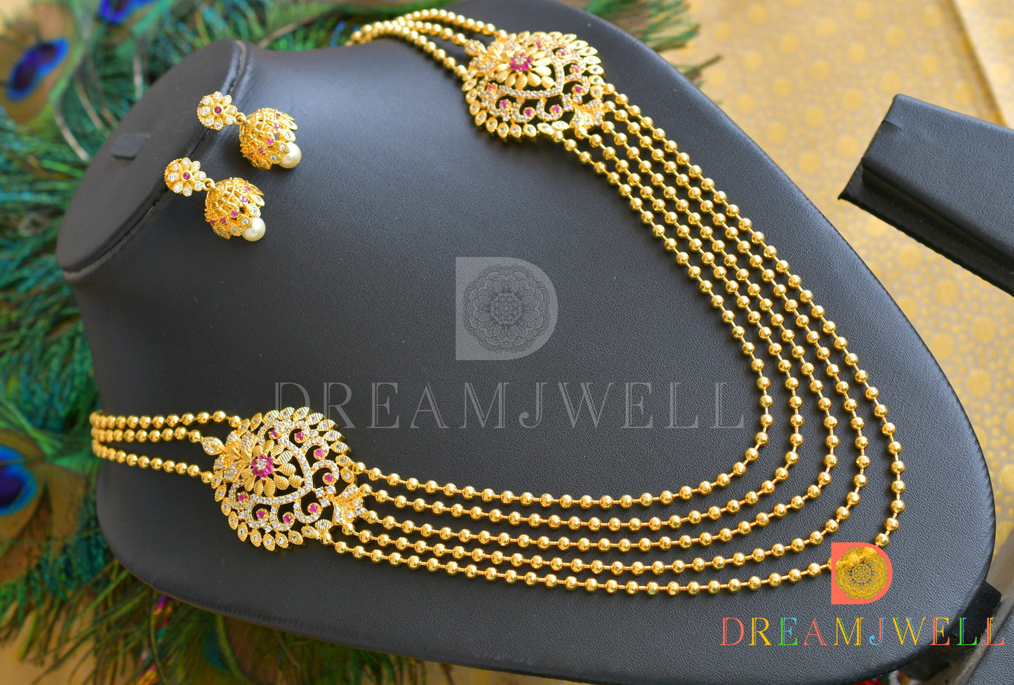 Gold tone Cz-ruby multilayer necklace set dj-10231