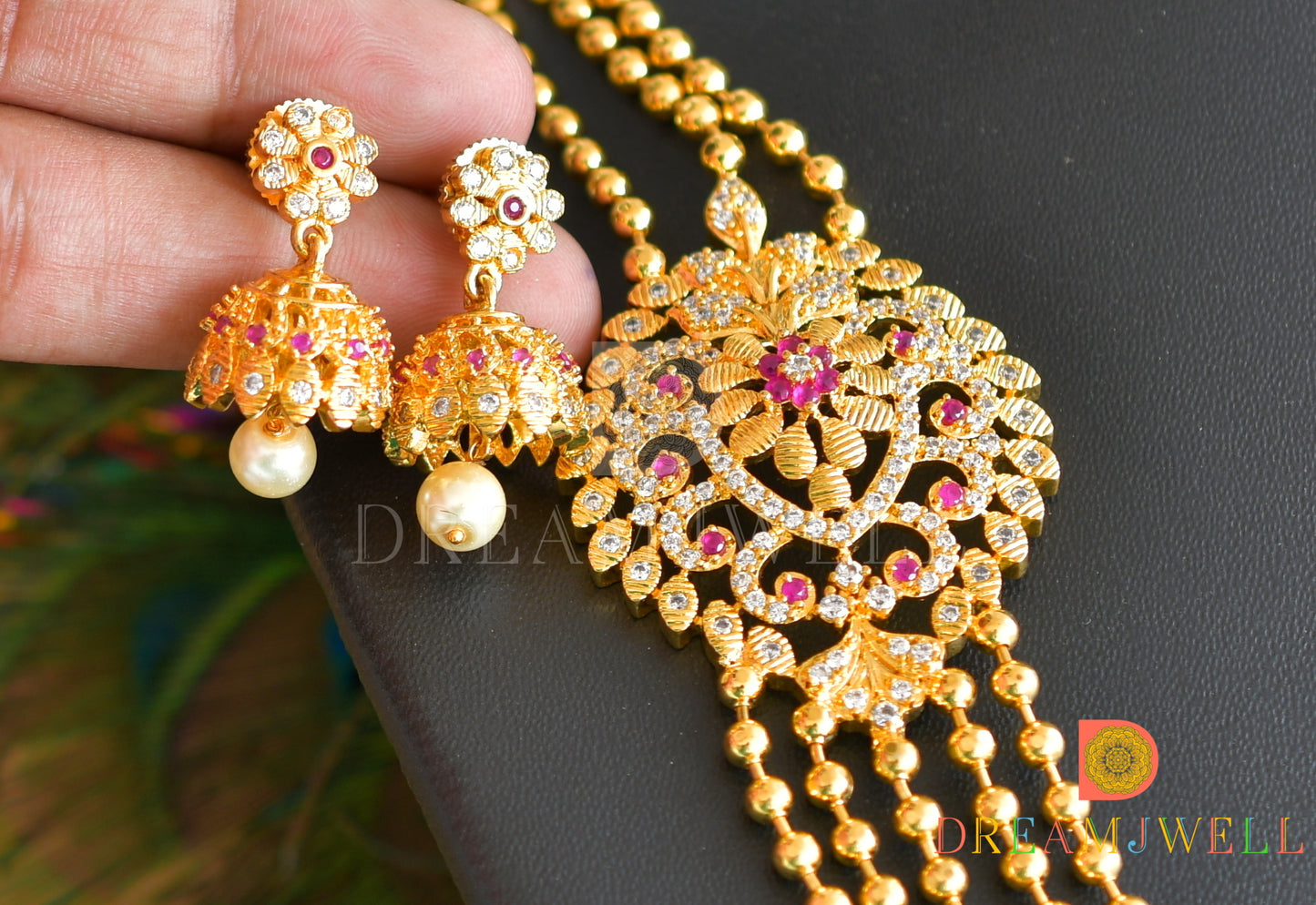 Gold tone Cz-ruby multilayer necklace set dj-10231