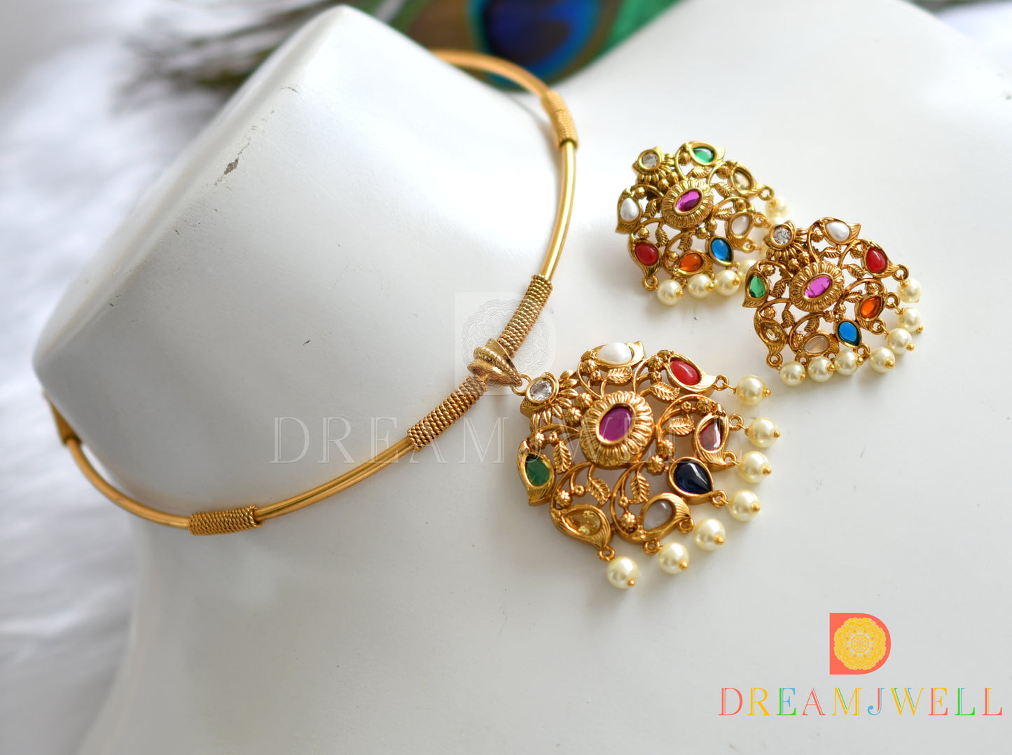 Matte finish navarathna stone hasli necklace set dj-37552